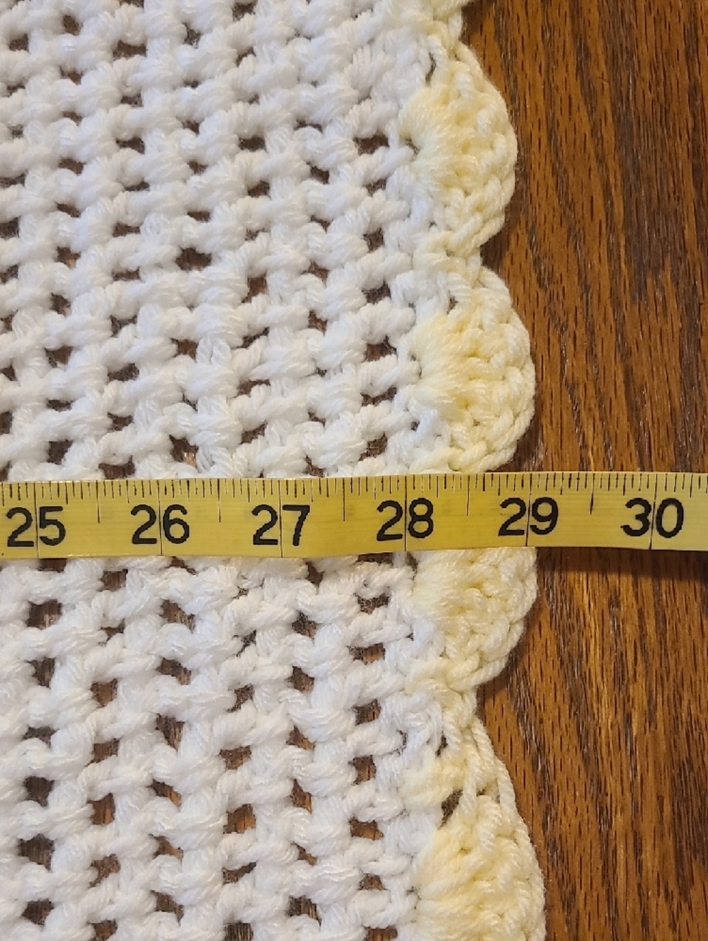 Handmade White Crocheted Baby Blanket / AfghN with Yellow Ribbon - Picture 5 of 6